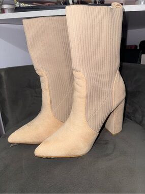 NWOT | Beige Women's Pointed-Toe Mid-Calf Heeled Boots